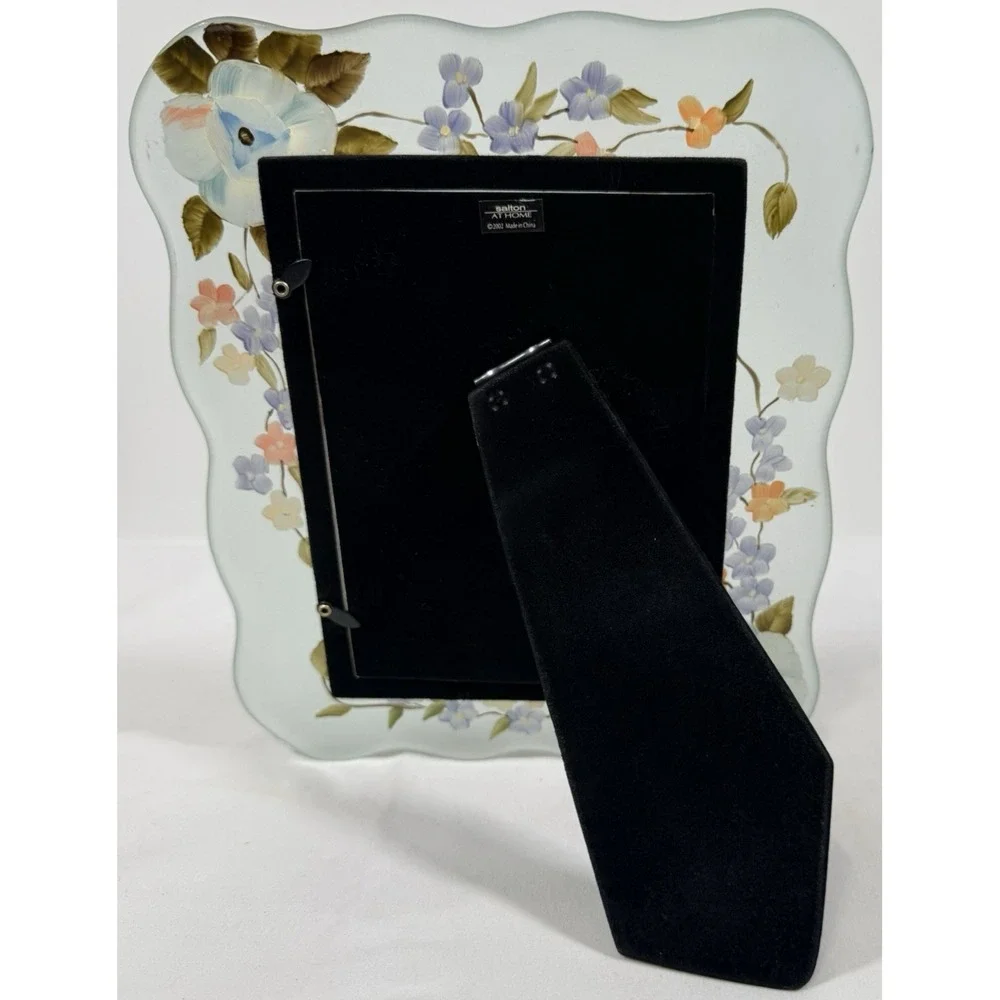 Salton At Home Floral Picture Frame 4x6 Blue Frosted Glass Scalloped Edge